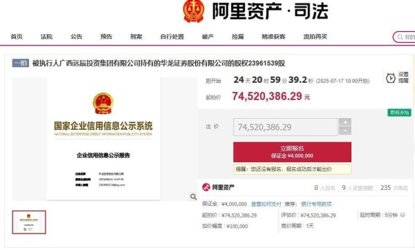 百进配资 起拍价7452万元，华龙证券2396万股股权将被司法拍卖
